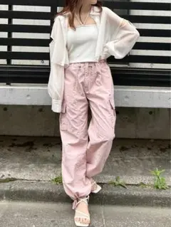 INGNIサイドスリットファスナーナイロンカーゴパンツ ピンク