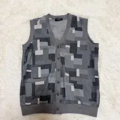 メルバスター　総柄　ニットベスト　 L グレー 前開き　メンズ
