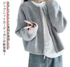 レディース 長袖ニットカーディガン ダブルファスナー グレー フリーサイズL位
