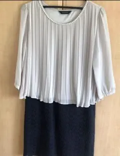 切り替えワンピース　グレーベージュ×ネイビー　レース　13AR XLサイズ