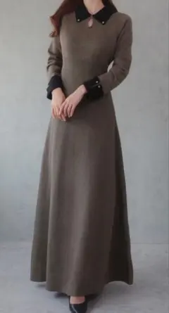 JUNOAH バイカラーセミフレアニットワンピース　ロングワンピース