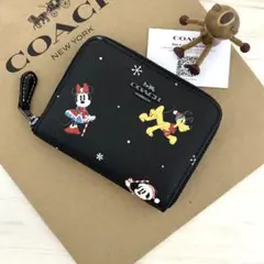 美品✨Disney×ミッキー】コーチ 二つ折り財布 レザー ネイビー 人気 稀