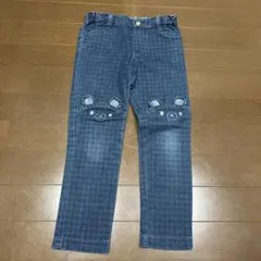 mezzo piano クマ刺繍 ダークブルー ストレートパンツ