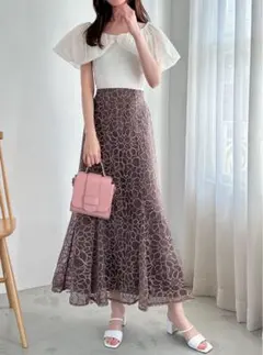 ブラウン レース フレアスカート