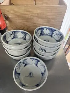 皿 5枚 中皿 染付 線描 染付 銘あり 山水 柳 家屋 古伊万里 江戸 古伊万里 染付山水八寸皿 直径22.5センチ 模様3種 江戸後期〜明治 傷