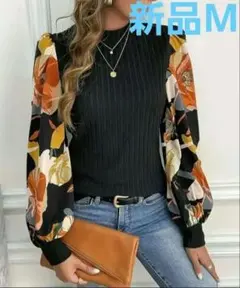 新品 M ブラック フラワー 袖 長袖トップス バルーン袖 シフォン 春服 リブ