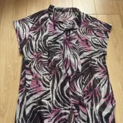 Elegance ゼブラ柄 メッシュ チュニック 半袖 ピンク ブラック 派手