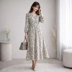 ANAYI アナイ 花柄ワンピース フラワー ロング フレア Aライン金ボタン