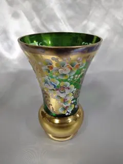 チェコ ボヘミアガラス 花瓶 花入 ハンドペイント グリーン 美品