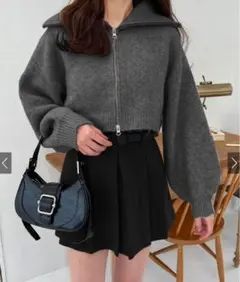 GRL ダブルジップウールミックスニットショート丈カーディガン