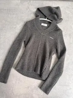 ACLENT フード付き リブニット 長袖 トップス グレー