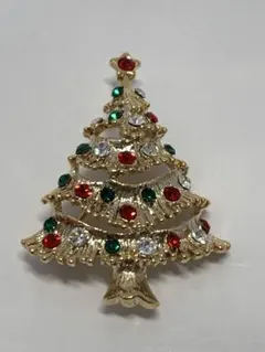 クリスマスツリー ブローチ ゴールドカラー ラインストーン