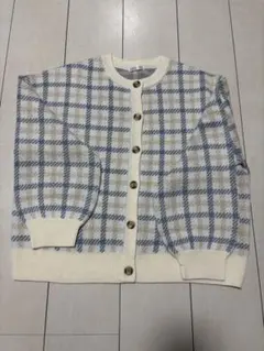 COLZAアイボリー/青 チェック柄 ニットカーディガン