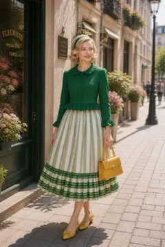 レトロ　フレアスカート グリーンとホワイトのストライプ60年代のサムネイル