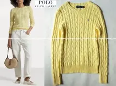 美品ポロ ラルフ ローレン☆コットンクルーネックケーブルニットXSライトイエロー