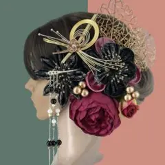 【豪華】　髪飾り　成人式　卒業式　簪　ローズピンク　黒　つまみ細工