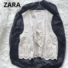 ZARA レース 刺繍入り生成り リネン混 前リボンベスト ジレ ノースリ Lのサムネイル
