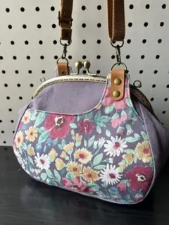 ＊ハンドメイド＊　可愛い25口金ショルダーがま口バッグ　フルール紫系