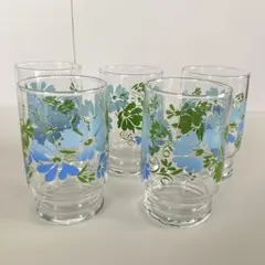 水色の花デザインのガラスコップ 5個セット レトロ