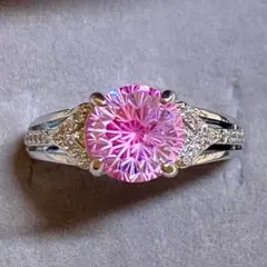 ピンクトパーズ色 花火カットCZ デザイン リング