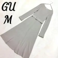GU ニットワンピース リブニットベルテッドワンピース ベルト M ベージュ