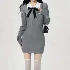 SHINE ニットワンピ 蝶蝶結び フロント セータードレス グレー
