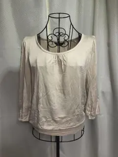 (179)ベージュ 七分袖 ラウンドネック トップス