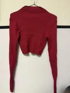 赤 クロップドニット フィンガーホール付き ショート丈