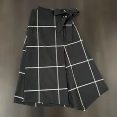 巻きスカート黒×白 チェック柄 ラップロングスカート リボン付き