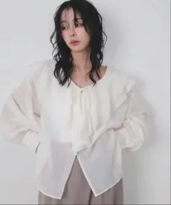 アニュアンス ブラウス 長袖 ホワイト シアー素材 フリル袖 スタンド 
