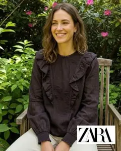 新品ダークブラウン フリル付きブラウス XS