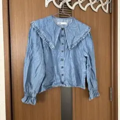 ZARA デニムブラウス　春　フリル付きデニムブラウス ブルー