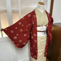 羽織　アンティーク　正絹　海老赤色　毛卍に花　身丈81裄63.5