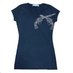 ❤️未使用！roarラインストーン ガンモチーフ Vネック 半袖Tシャツ ブラックのサムネイル