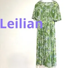 ★レリアンLeilianグリーンボタニカルフラワープリントロングワンピース 9