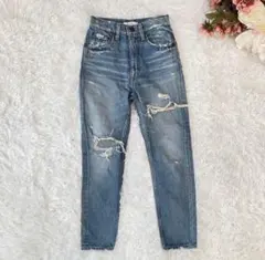 MOUSSY ハイライズダメージ加工デニムジーンズ（23）牛革ラベル