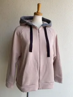 IKUKO 2 ボンバーニット ジップアップパーカー/コーラルピンクxグレー