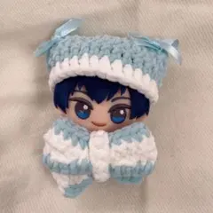ぬい服　ネコ耳ニット帽 水色×白 リボン ちびぐるみ