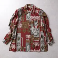 80 vintage 総柄シャツ バーガンディ ヴィンテージ メンズL 古着