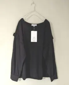 新品SEASON REASON黒色フリル袖肩レースプルオーバートップスL