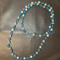 ヴィンテージ　2層ネックレス　ブルー系　ビーズ　ロングネックレス