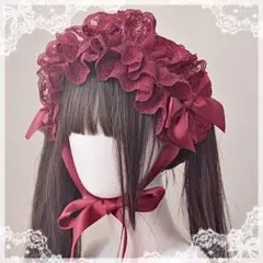 ♡ Bloom lace フリルレースリボンヘッドドレス red ♡