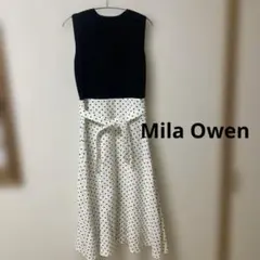 【美品】Mila Owen ニットドッキングリネンフレアワンピース ドットM