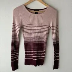 Liz Claiborne リブニットセーター S ボーダー ピンク ボルドー