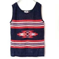 RCWB ロデオクラウンズ ニットベスト麻混 ストライプ柄 ネイビー Vネック