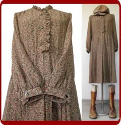 古着♪レトロ・茶小花柄ワンピ♪70年代60年代ヴィンテージアンティーク昭和ロマン