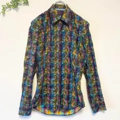 レナウン【XS】 花柄長袖ブラウス レインボーカラーチェック柄ユニセックス 派手