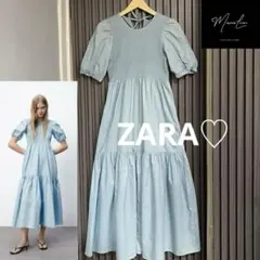 ZARA ポプリン パネル ロングシャーリング ロングワンピース 水色