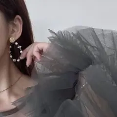 クオーツと淡水パールのフープピアス チタン 繊細 大振り 透明感 アレルギー対応