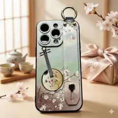 iPhone15 Pro ケース 和風 琵琶 桜 ストラップ付き 耐衝撃